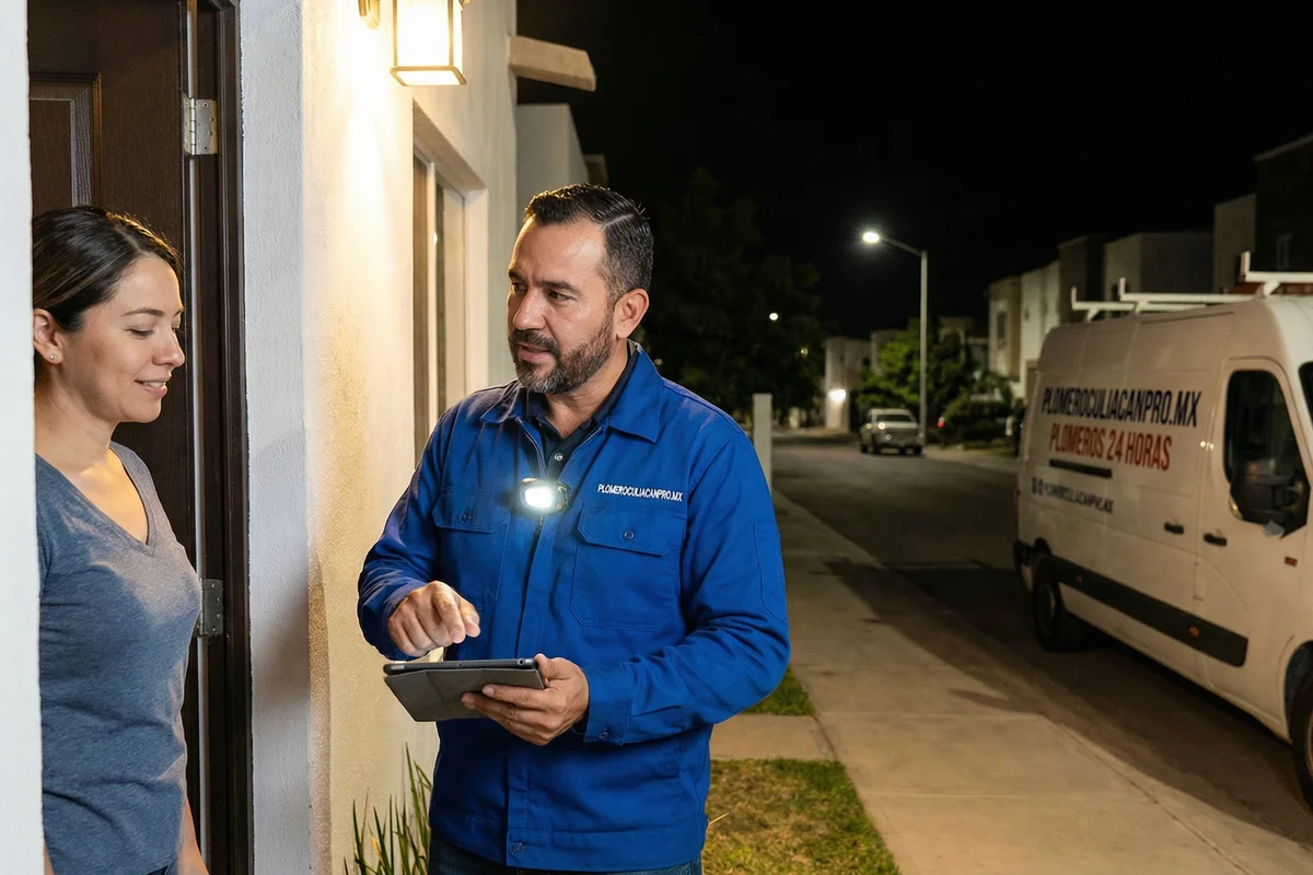 Plomero profesional en Mazatlán atendiendo emergencia 24 horas con herramientas especializadas